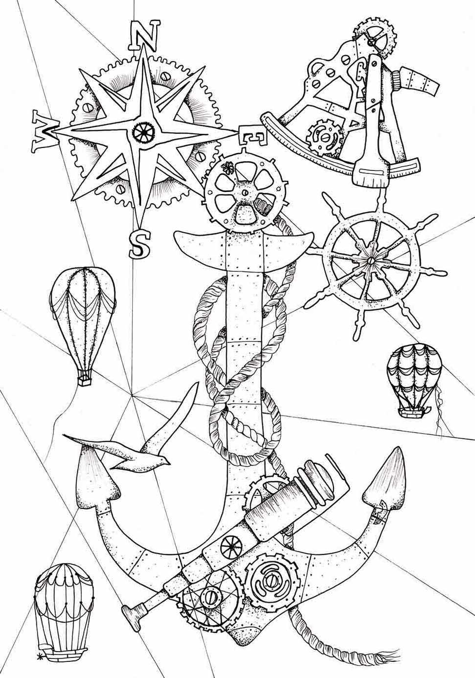 Steampunk Anchor Ocean Coloring Page