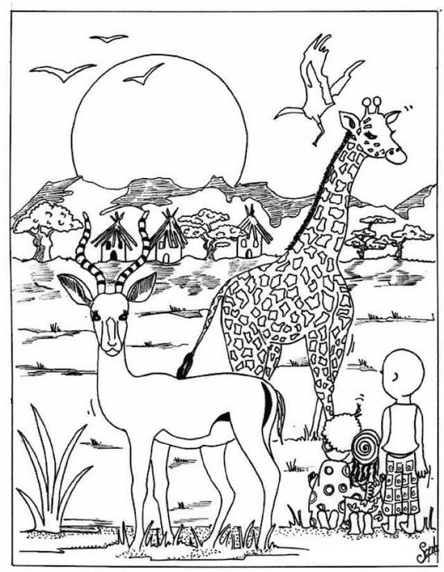 african animals with savana background coloring book