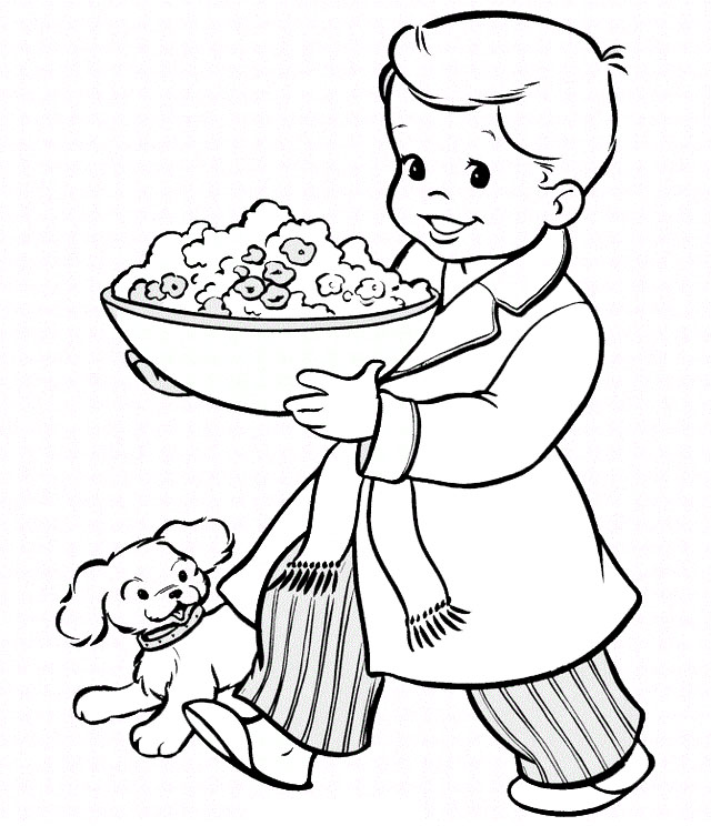 boy bringing a bowl of pop corn coloring picture