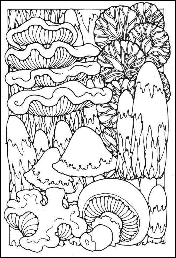 doodle mushrooms coloring difficult page