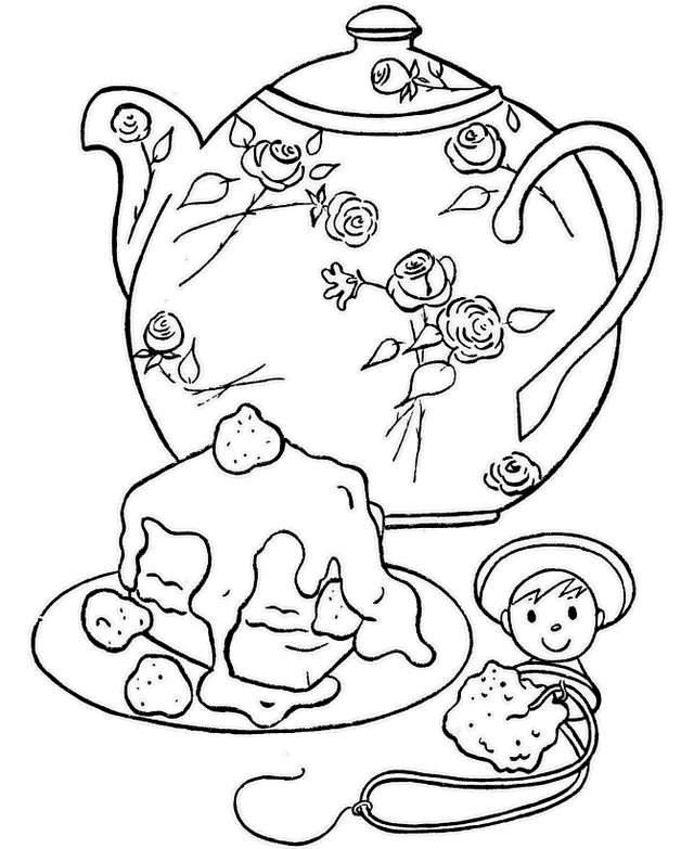 teapot and cake coloring page for relaxation
