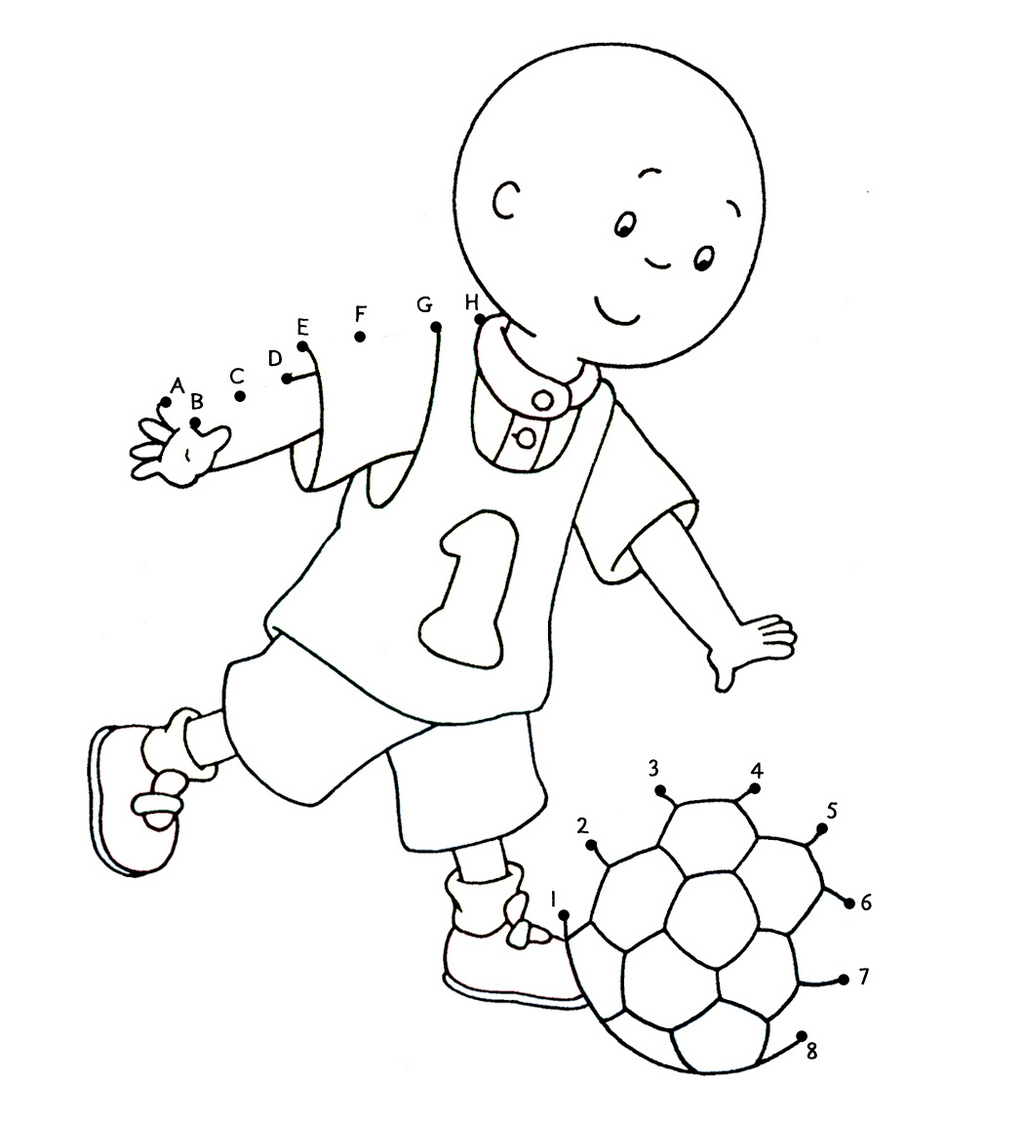 Caillou playing soccer connect the dots page
