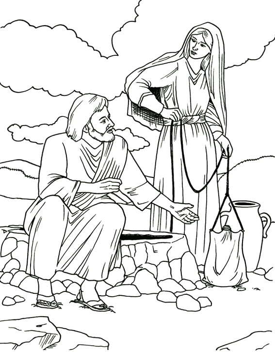 Jesus talks with a samaritan woman at well coloring sheet