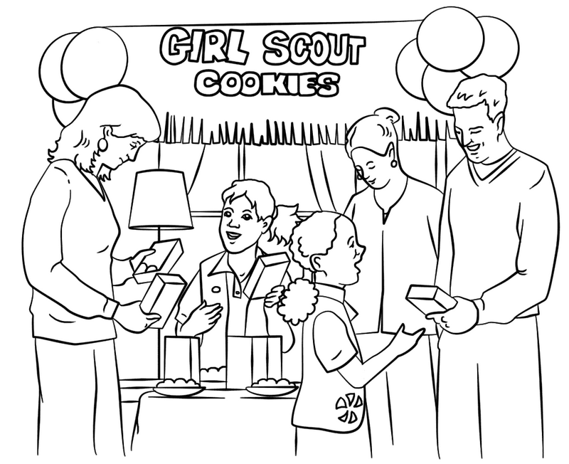 girl scouts selling cookies in bazaar coloring book
