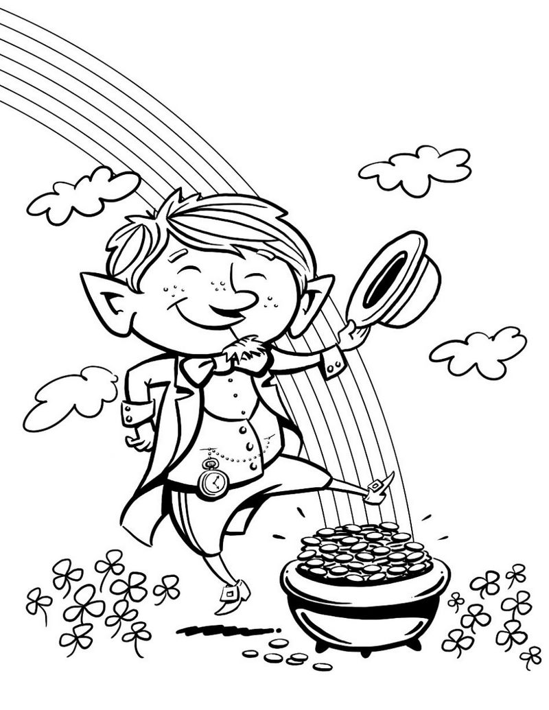 leprechaun dancing at the end of the rainbow coloring picture