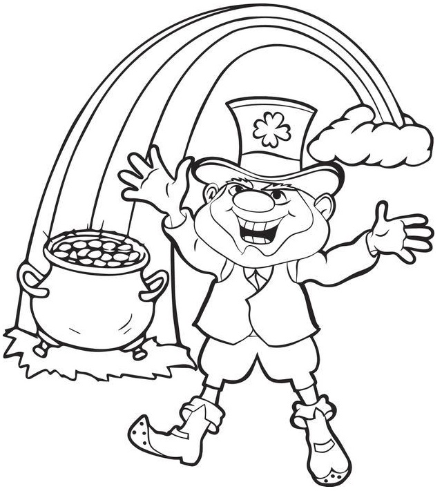 leprechaun with pot of gold at the end of the rainbow coloring page