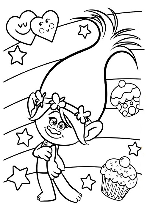 poppy trolls with cupcake coloring sheet