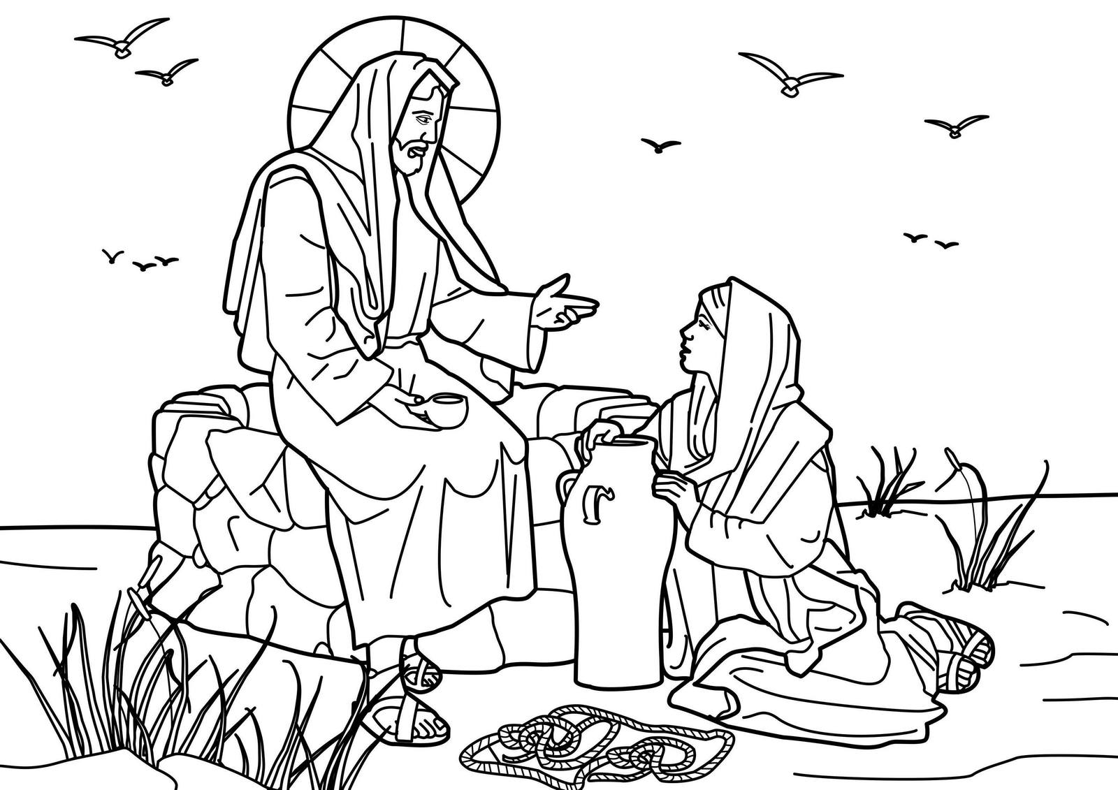 spiritual jesus with the samaritan woman at the well coloring picture