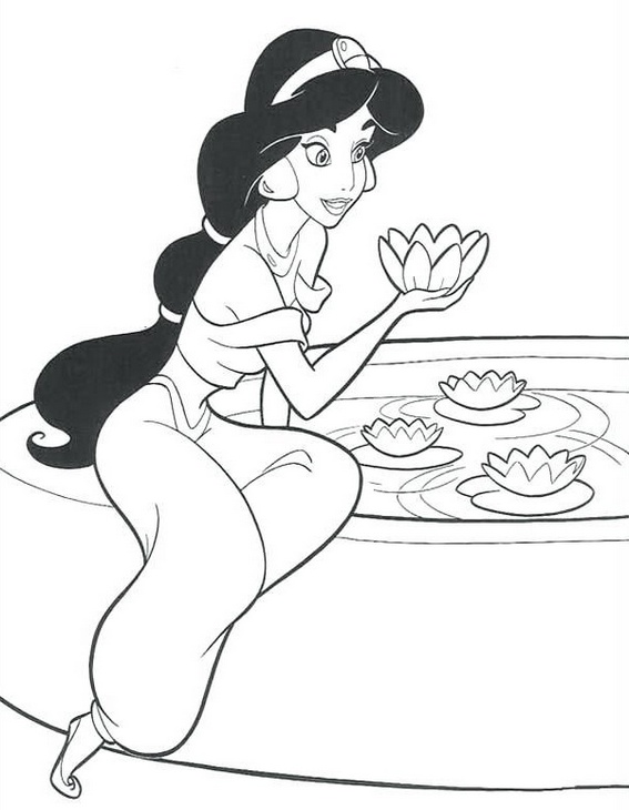 Princess Jasmine holding a beautiful lotus flowers in Mere coloring sheet