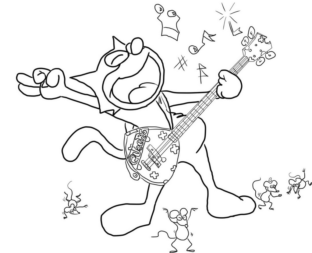 felix the cat playing a guitar coloring picture