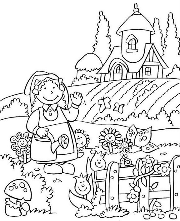 girl watering flower garden coloring picture