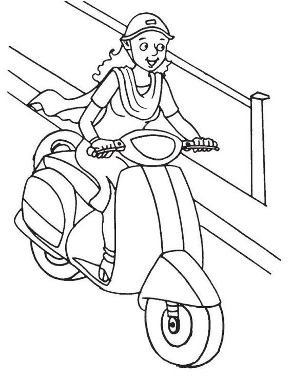 Fun lady riding vespa scooter coloring page