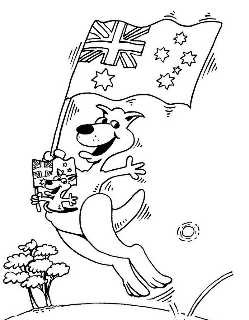 Kangaroo Holding Australia Flag coloring sheet