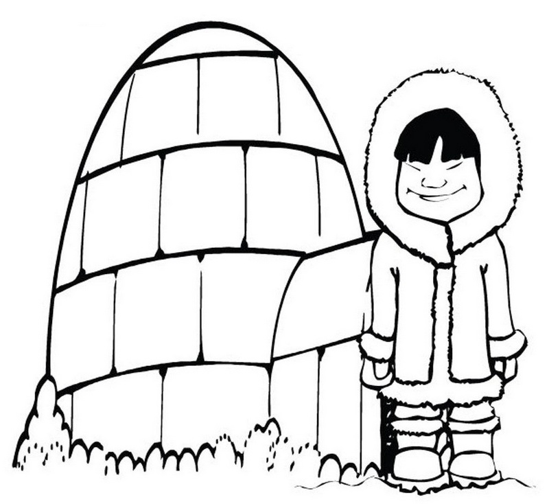 a cold girl in front of igloo coloring picture