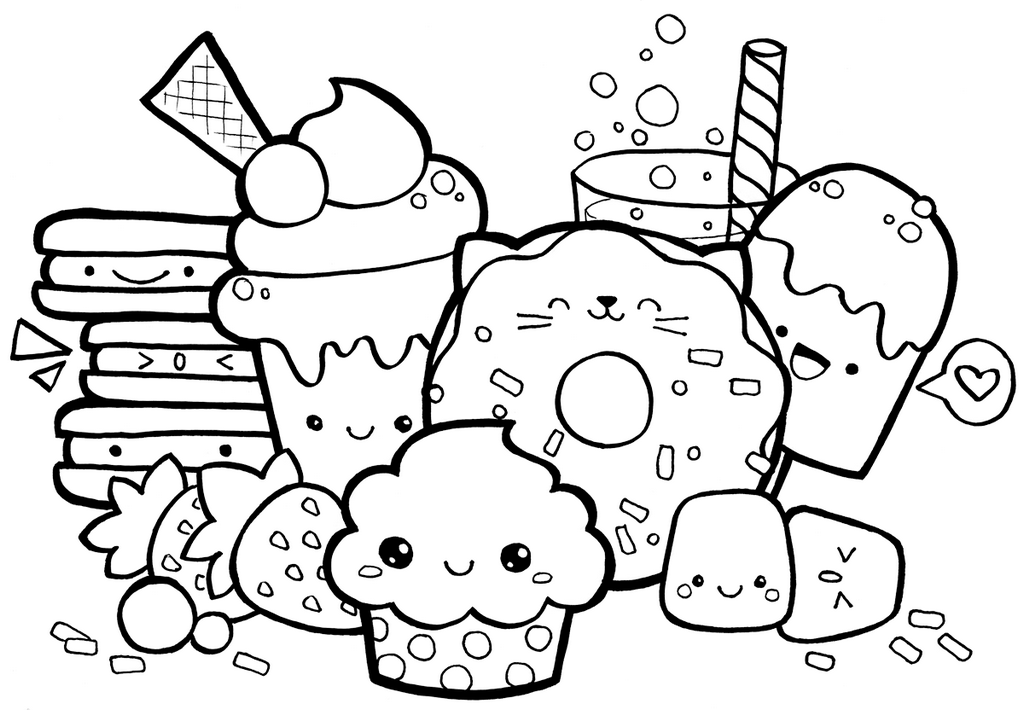 cute kawaii food with faces coloring page
