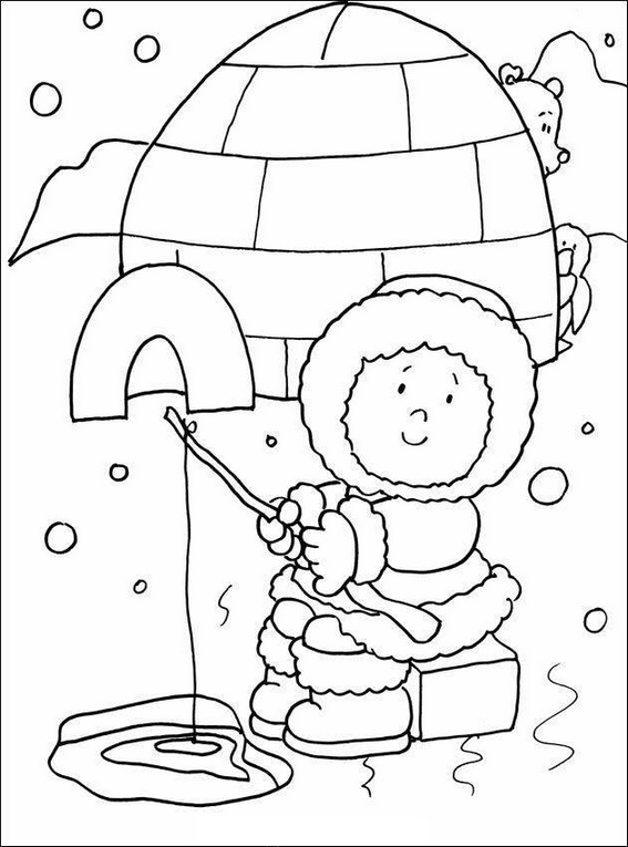 eskimo fishing in the front of igloo coloring sheet
