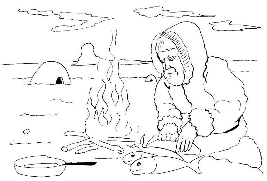 eskimo grilling fish coloring page for kids