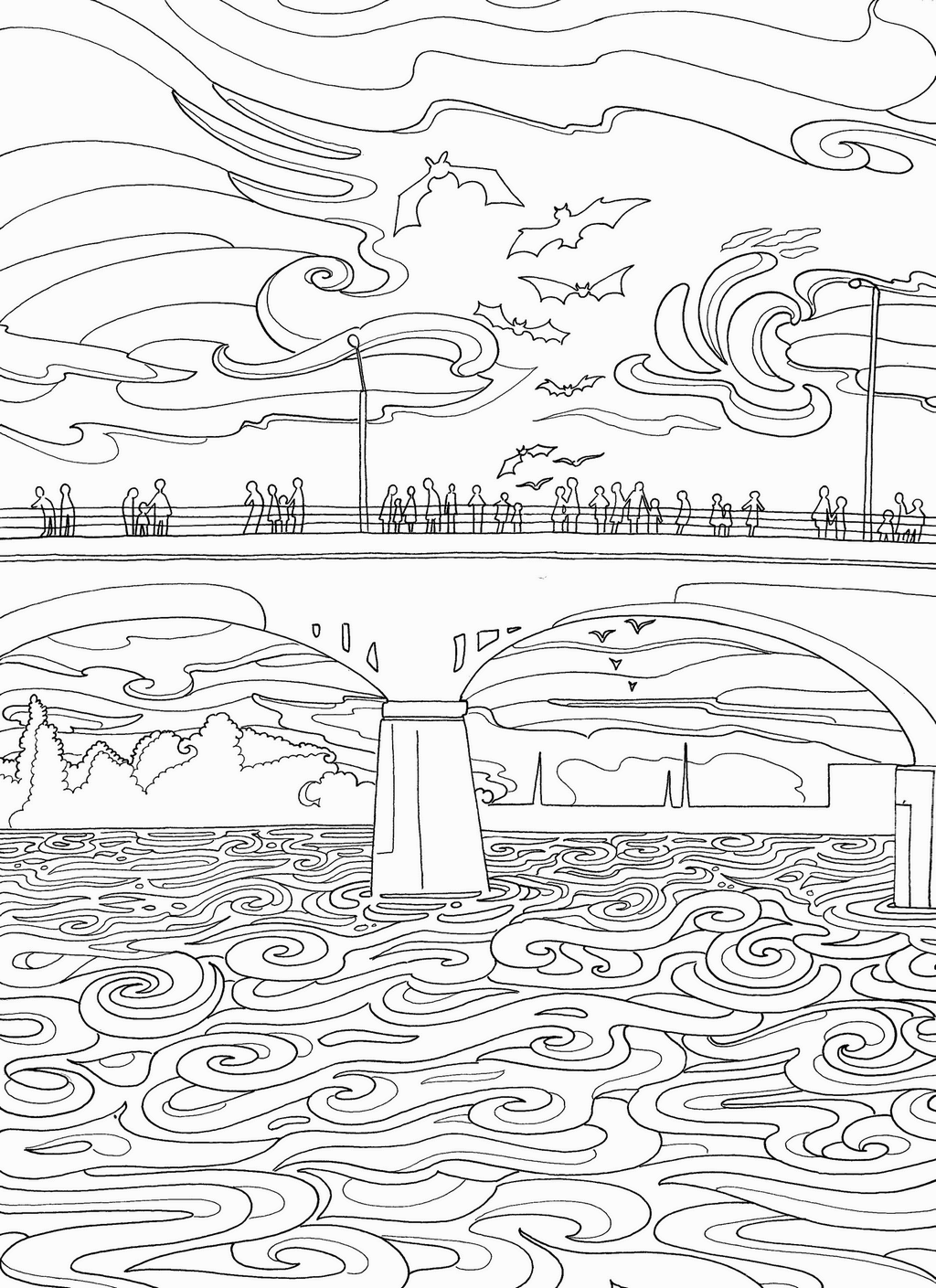 complex bridge coloring page for adults