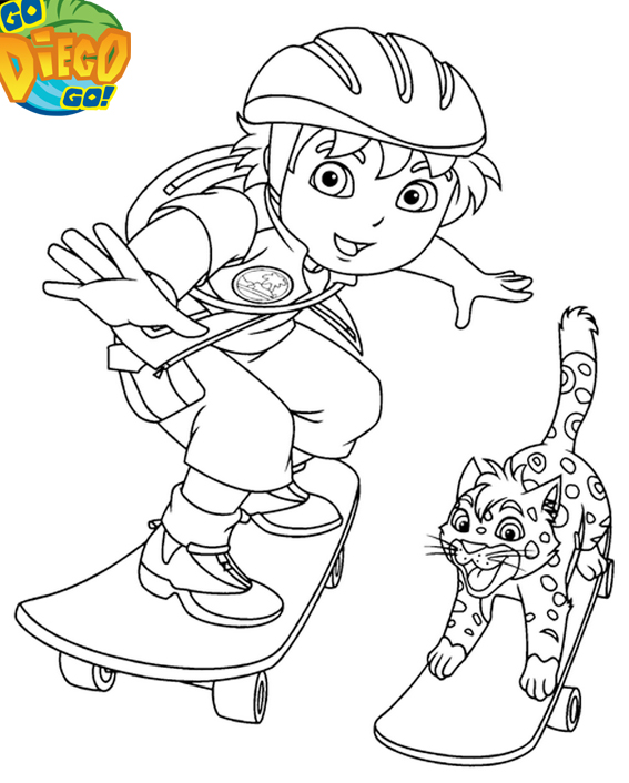 go diego go performing his skateboard coloring page