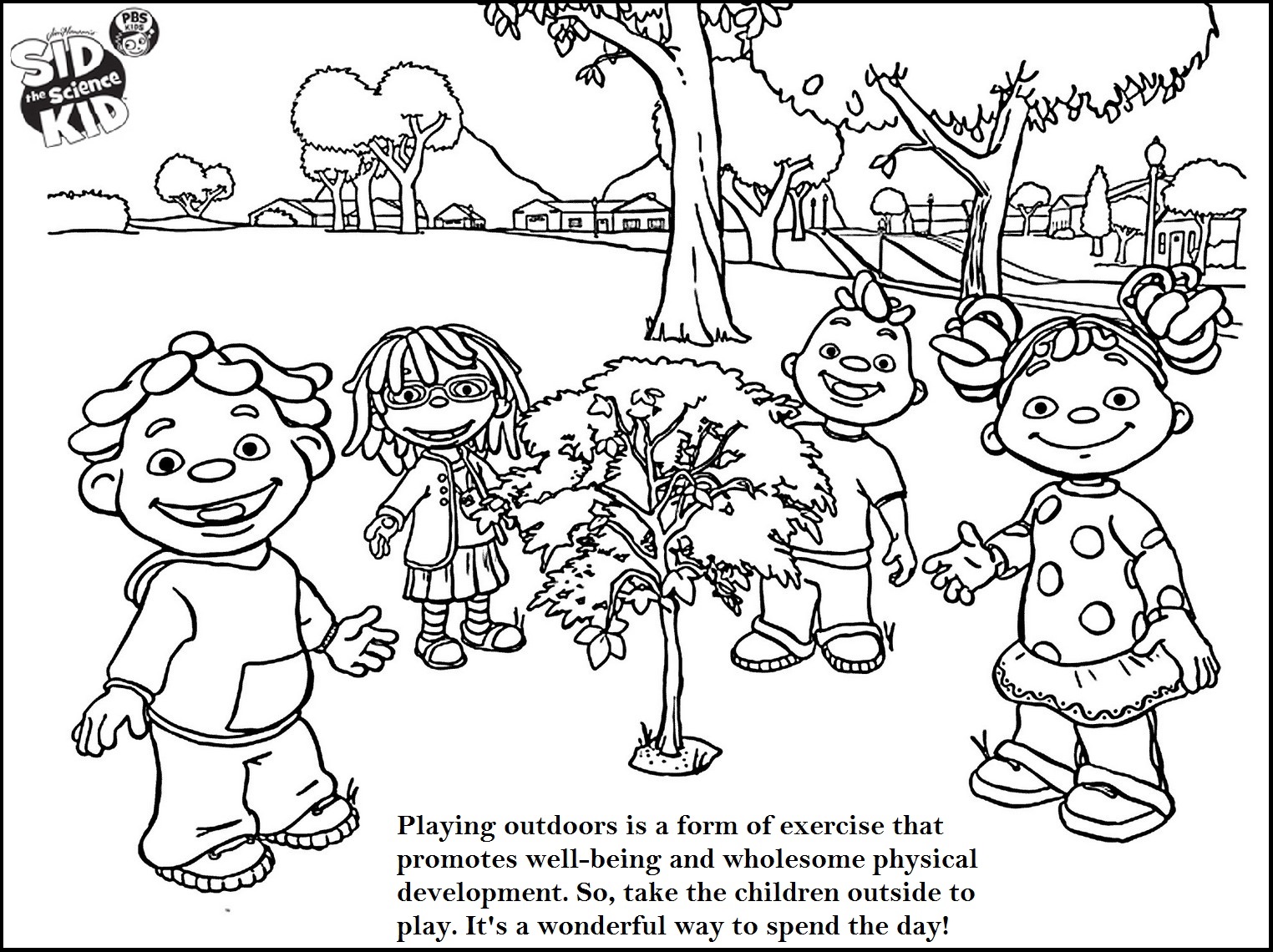 sid the science kid playing outdoor with friends coloring page