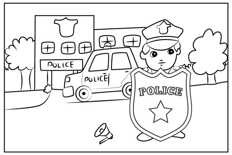 Policeman and Police Car outside Police Officer Coloring Page