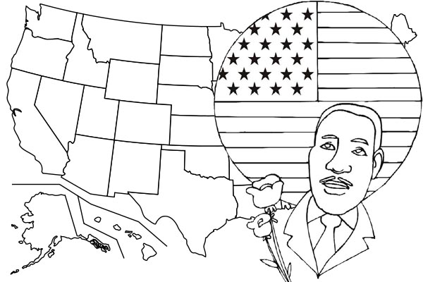 martin luther king jr with map and flag coloring page