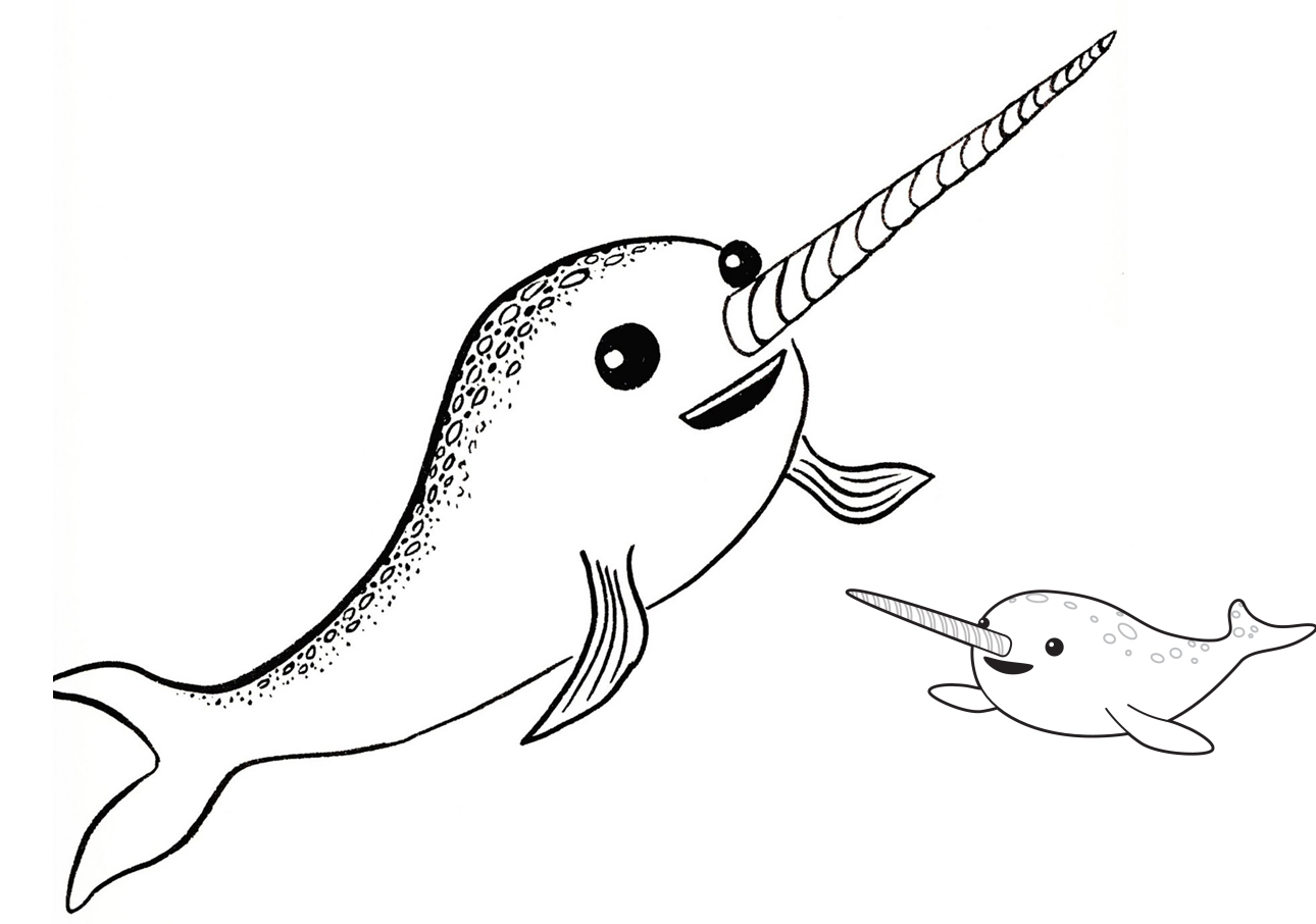 cute narwhale and baby coloring page
