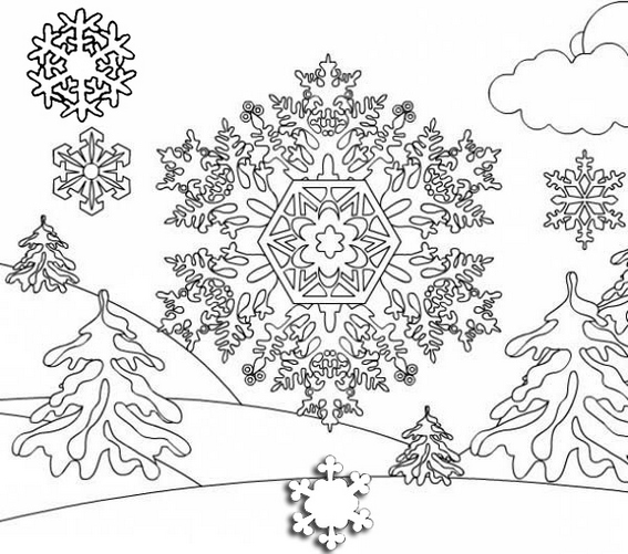 Beautiful Christmas snowflakes on mountain landscape coloring page