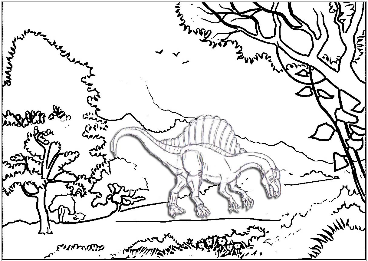 Spinosaurus in forest coloring page