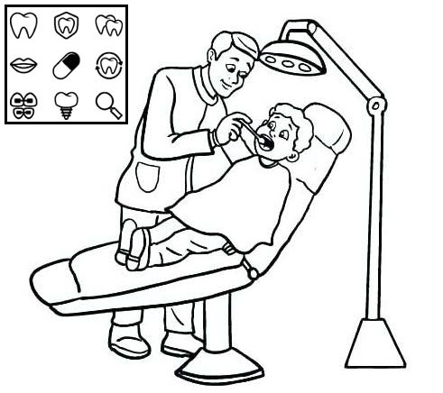 kid patient sitting in dentist chair office coloring page