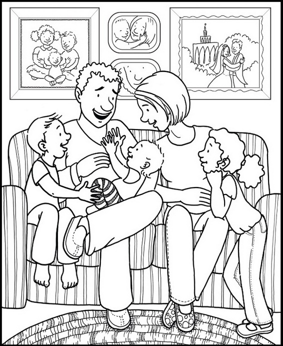 family in living room coloring page for children