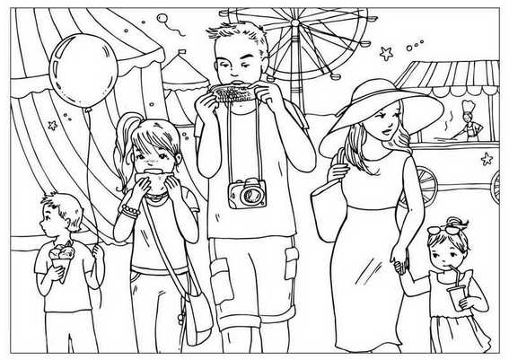 family on vacation coloring page