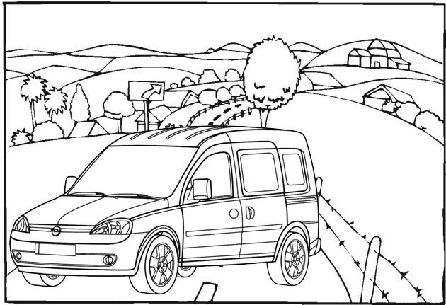 Best Van Car with beautiful village scenery coloring page