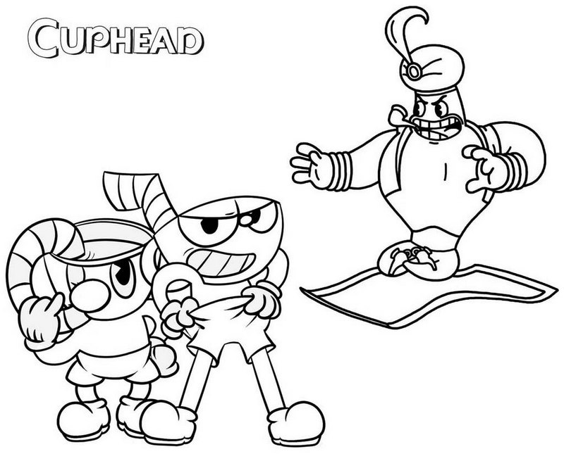 Cups Mugman and Djimmi the Great Cuphead Coloring Page