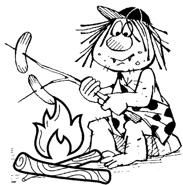 Prehistoric Man build campfire coloring page