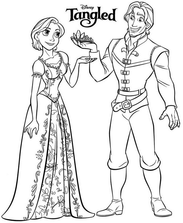Tangled Rapunzel Short Hair and Flynn Coloring Page