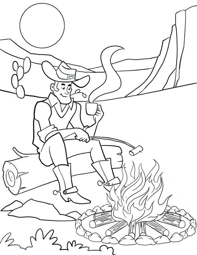cowboy warming body through campfire coloring pages