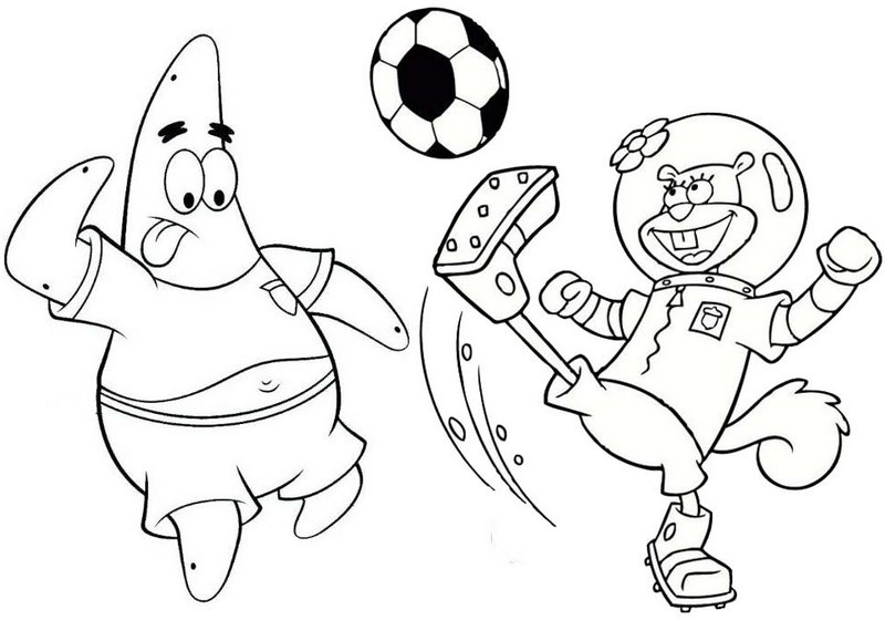 Patrick and Sandy Cheeks Playing Ball Coloring Page