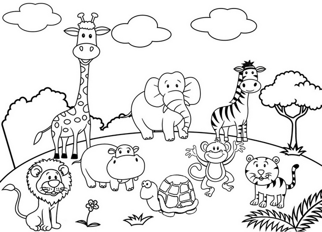 cute cartoon animal set zoo coloring and drawing page