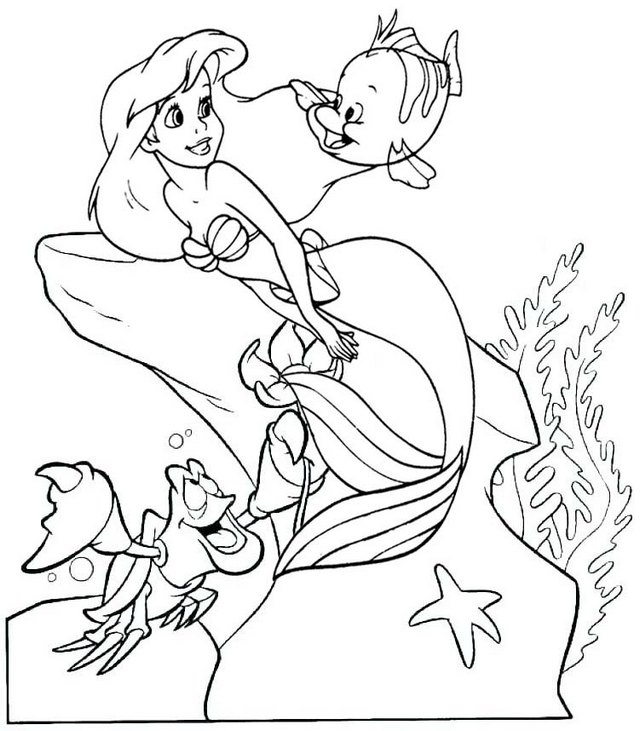 Ariel the little mermaid Flounder and Sebastian printable coloring page for kids
