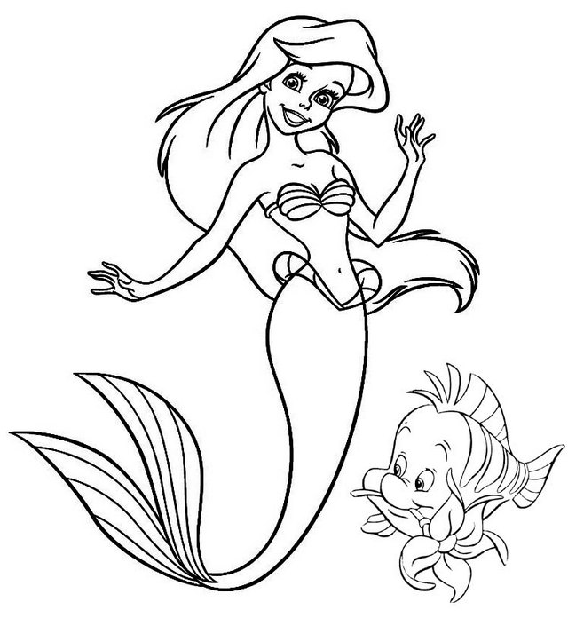 Cute Ariel and Flounder Coloring Page