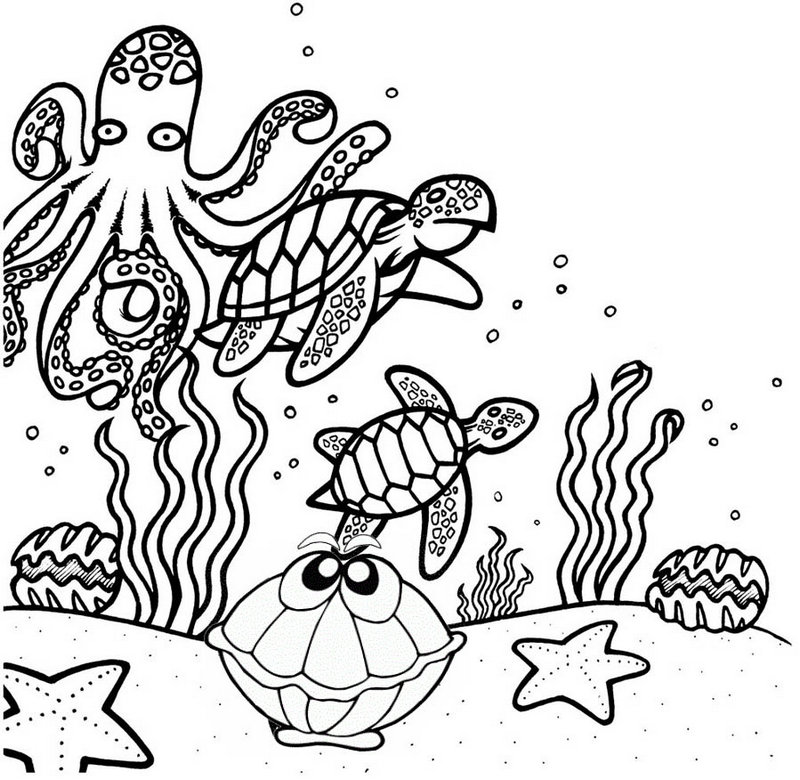 Cute Oyster Octopus and Sea Turtle Coloring Page