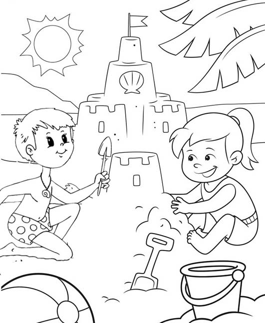 boy and girl building sand castle coloring page of beach