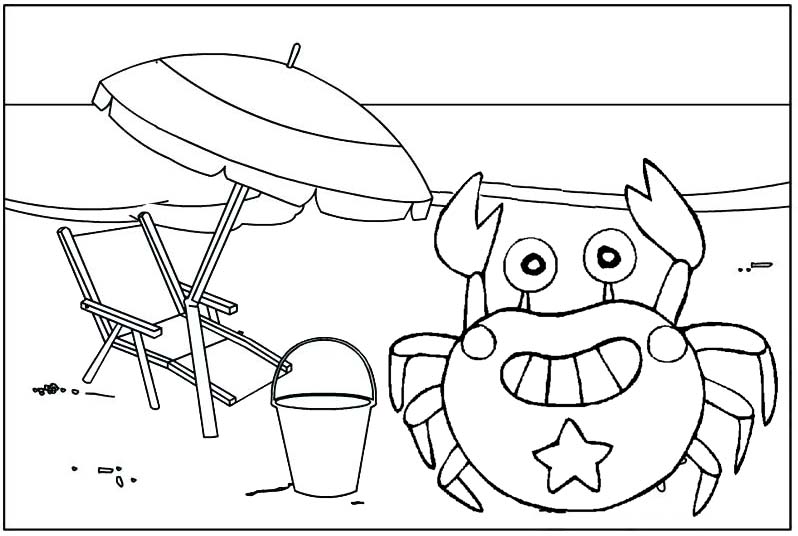 crab cartoon with a beach umbrella coloring page