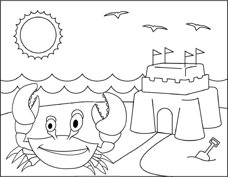 crab with beautiful sand castle scenery coloring page