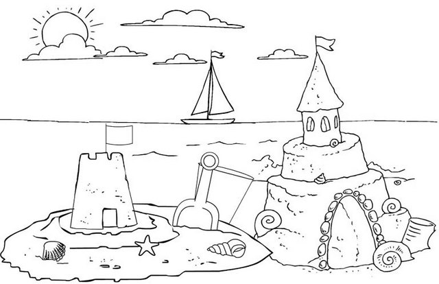 sand castle coloring page of sunset in the beach
