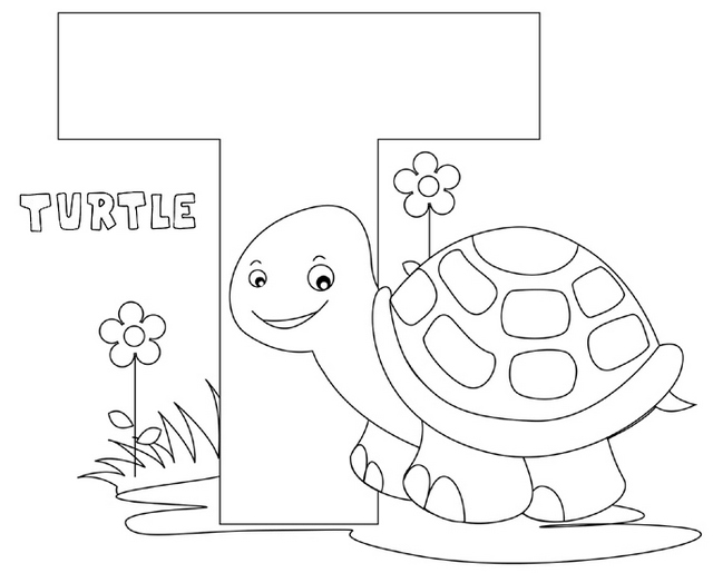 Letter T for Turtle Animal Coloring Page
