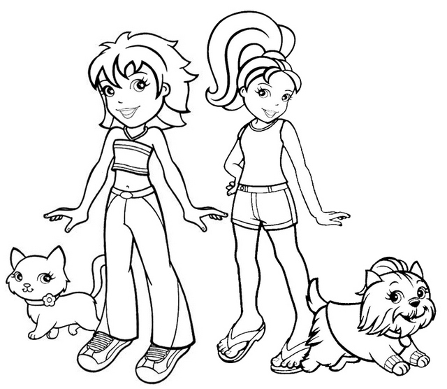 crissy with cat and polly with dog from polly pocket coloring page
