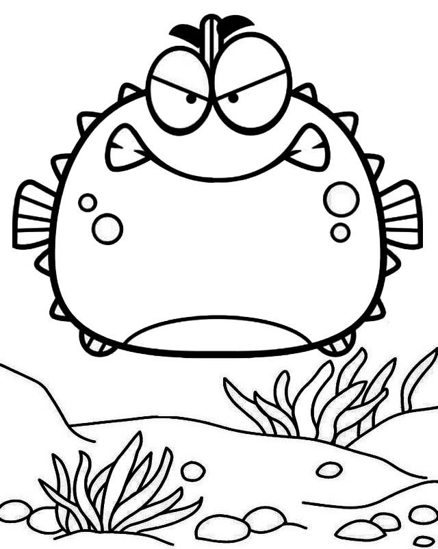 Angry porcupine puffer fish cartoon coloring page