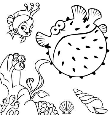 cartoon puffer fish and seashell coloring page of undersea